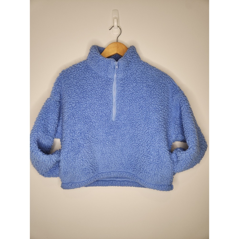 Hollister Womens Blue Sherpa Fleece Quarter Zip Cropped Pullover Sweatshirt M